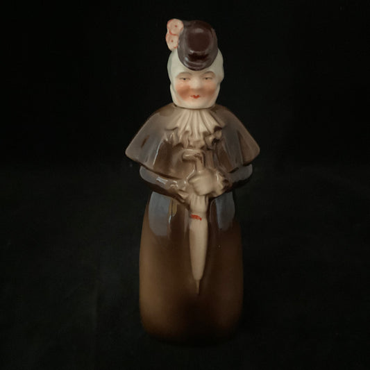 Vintage figurflaske,  håndmalet dame med hat (1930–1950)