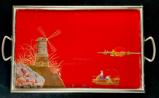 Vintage serveringsbakke med glas og hollandsk motiv