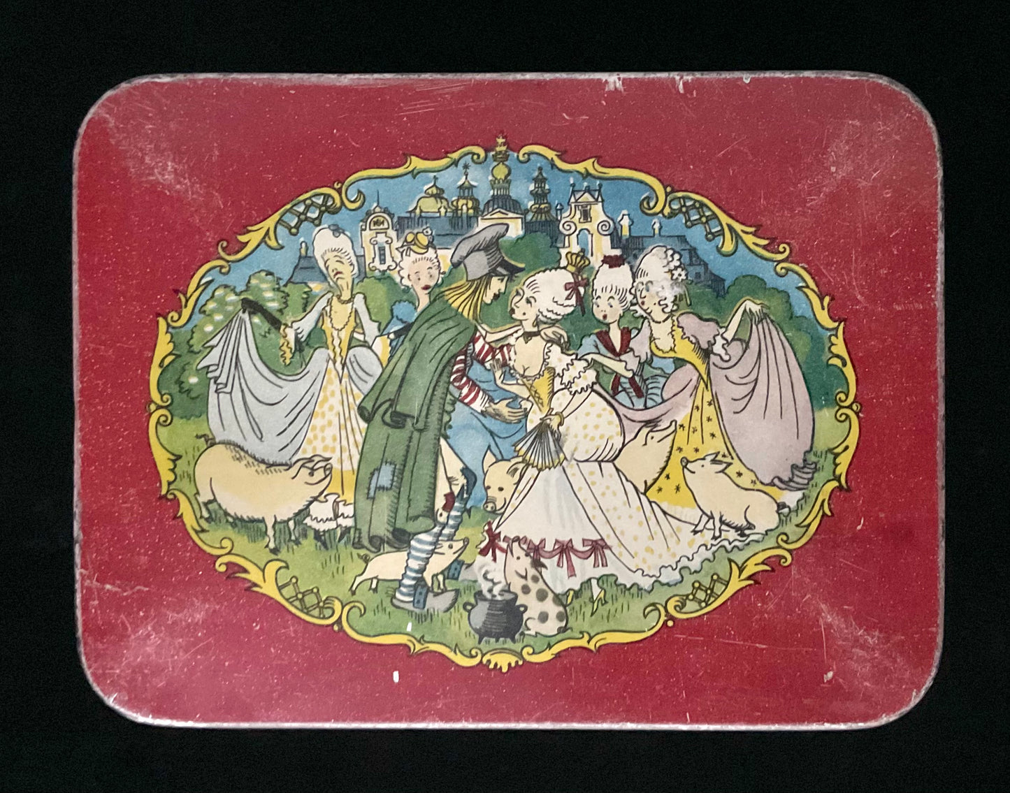 Vintage blikdåse med  “Svinedrengen” af H.C. Andersen på låget