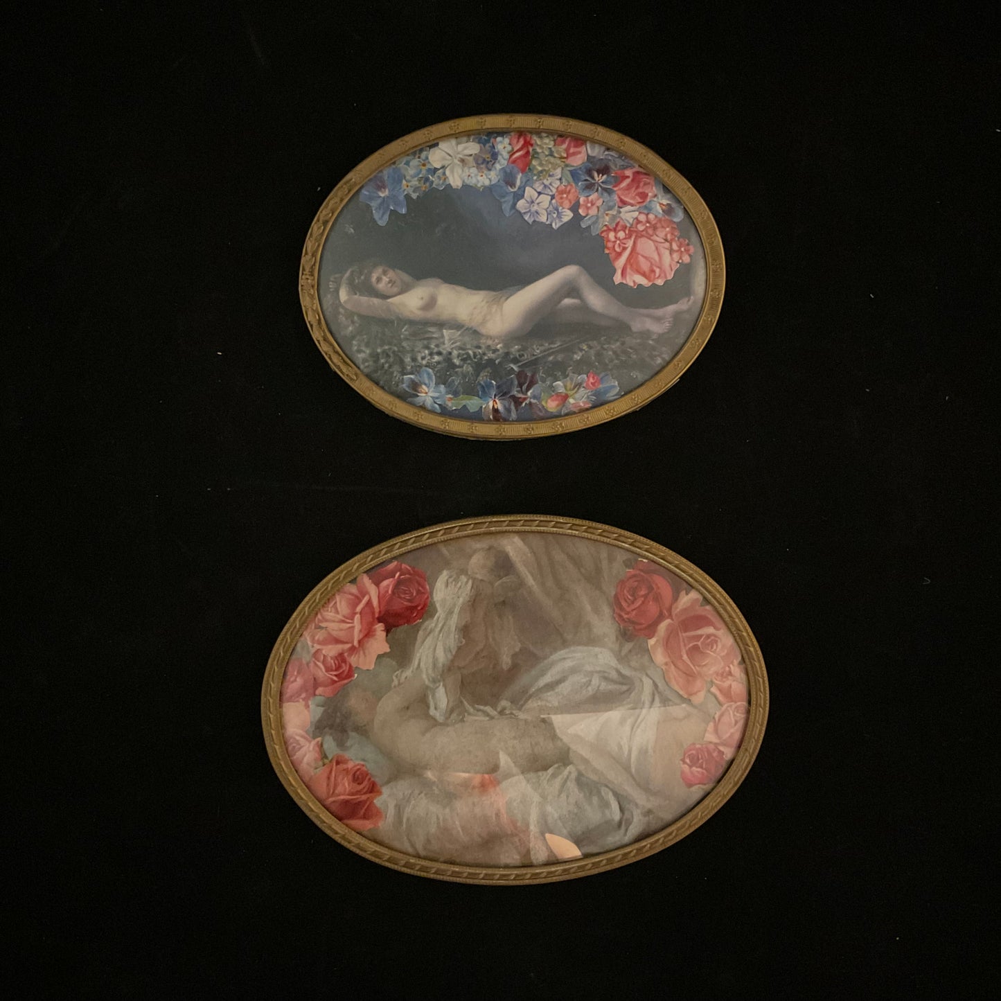 Sæt på to små ovale messingrammer med konvekst glas – ca. 1900-1920