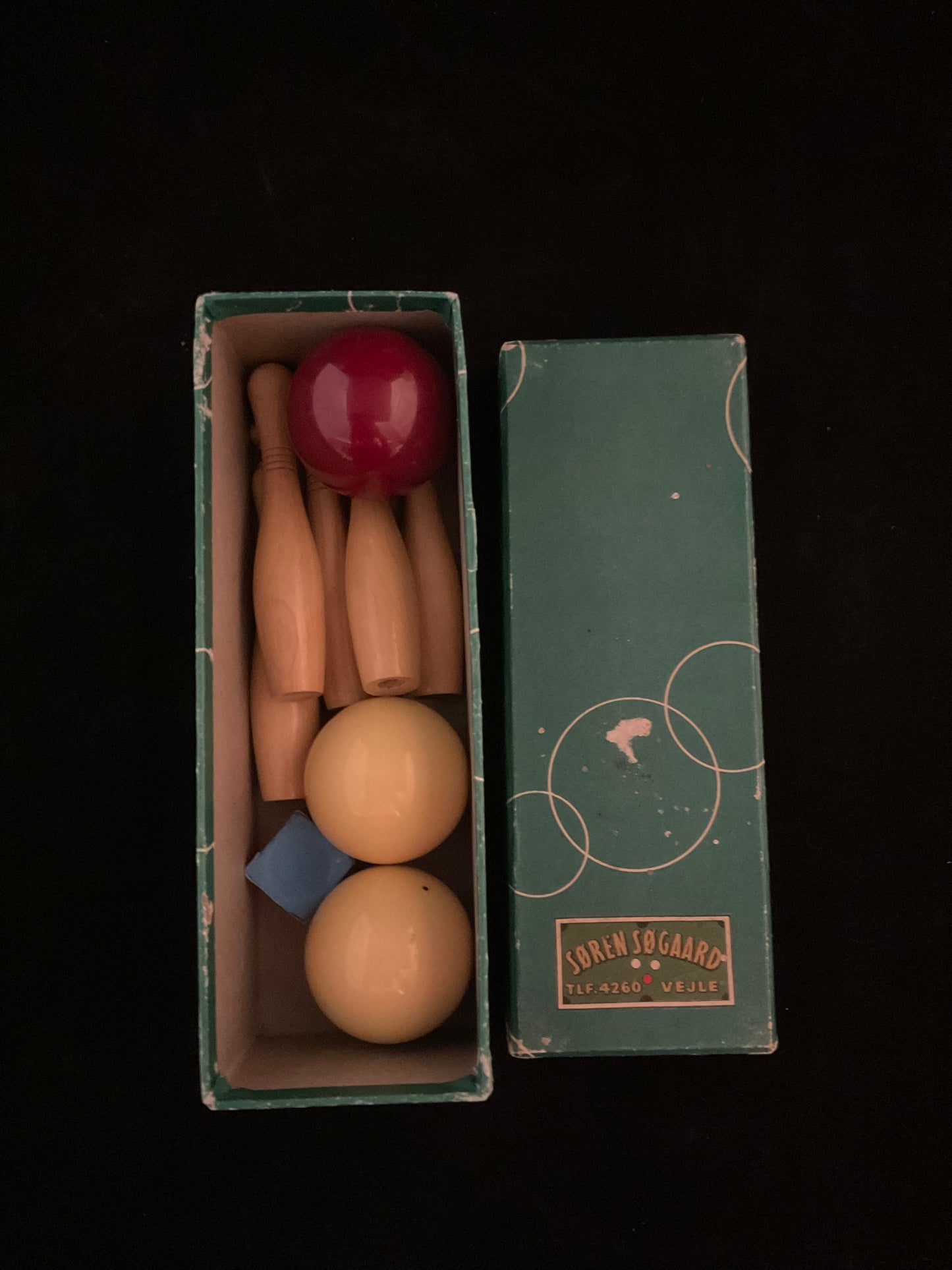 Vintage mini keglebillard fra Søren Søgaard - komplet i original æske