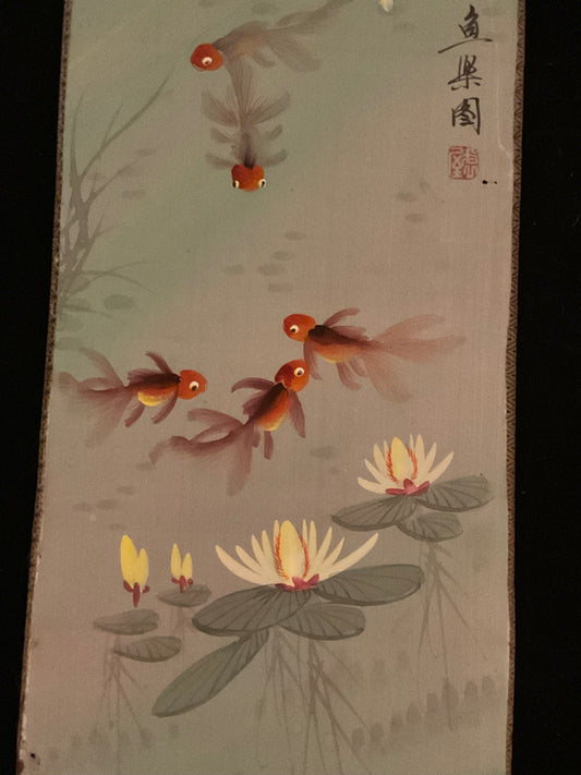 Vintage japanske skærme/silkebilleder guldfisk og blomster (sæt af 3)