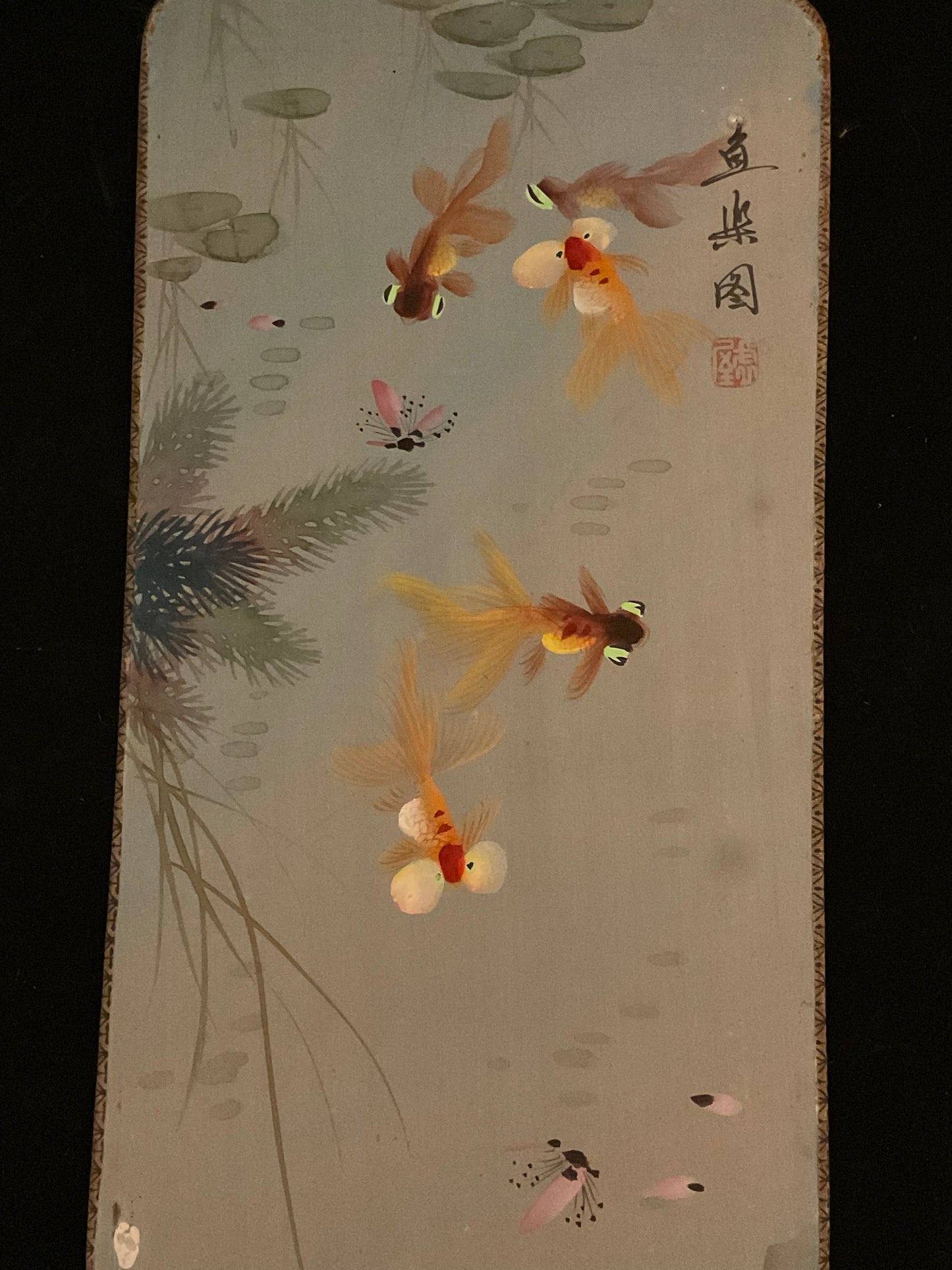 Vintage japanske skærme/silkebilleder guldfisk og blomster (sæt af 3)