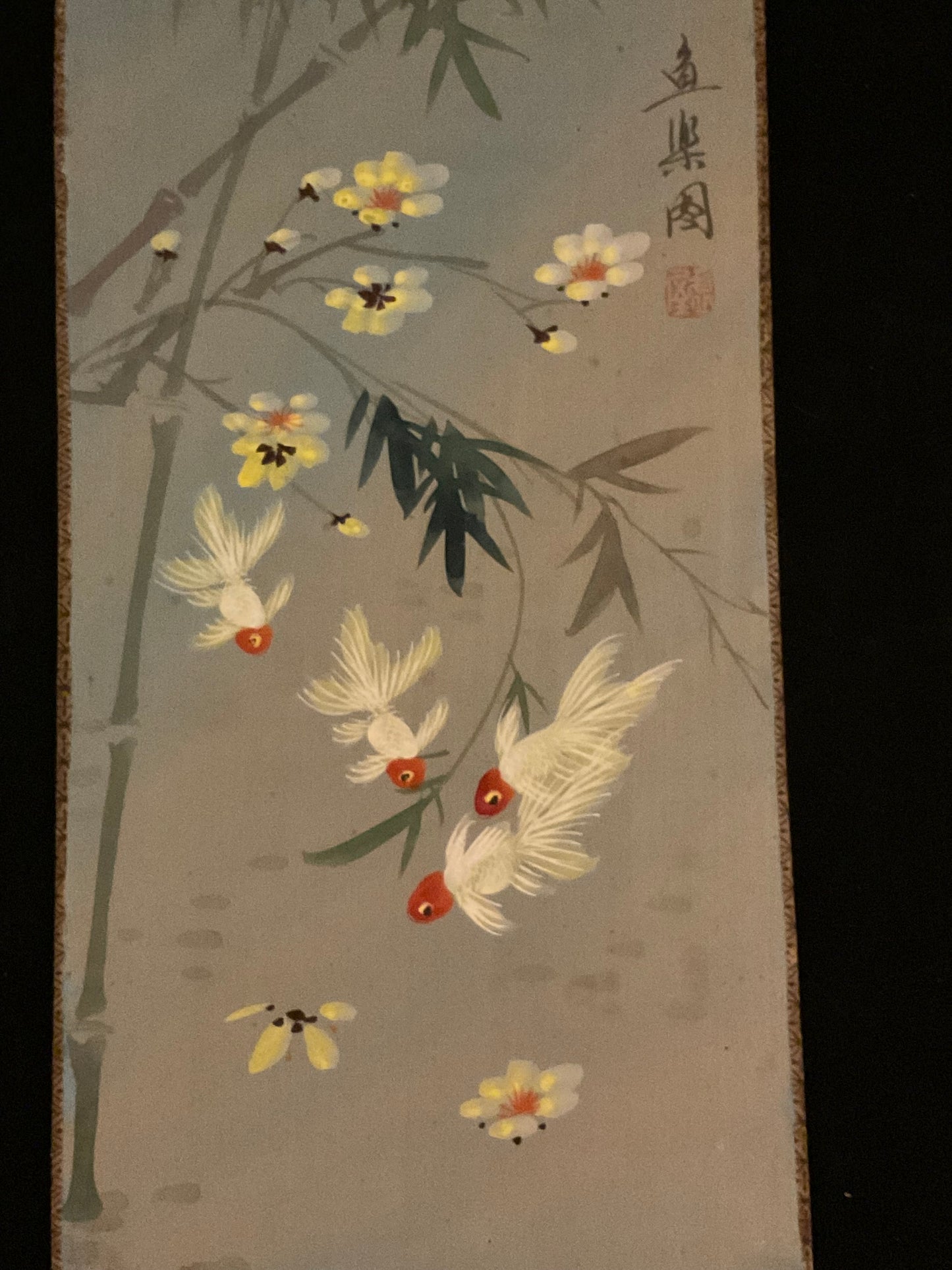 Vintage japanske skærme/silkebilleder guldfisk og blomster (sæt af 3)