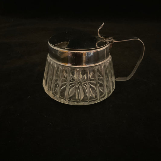 Vintage fransk sennepskrukke / sukkerskål i glas og metal