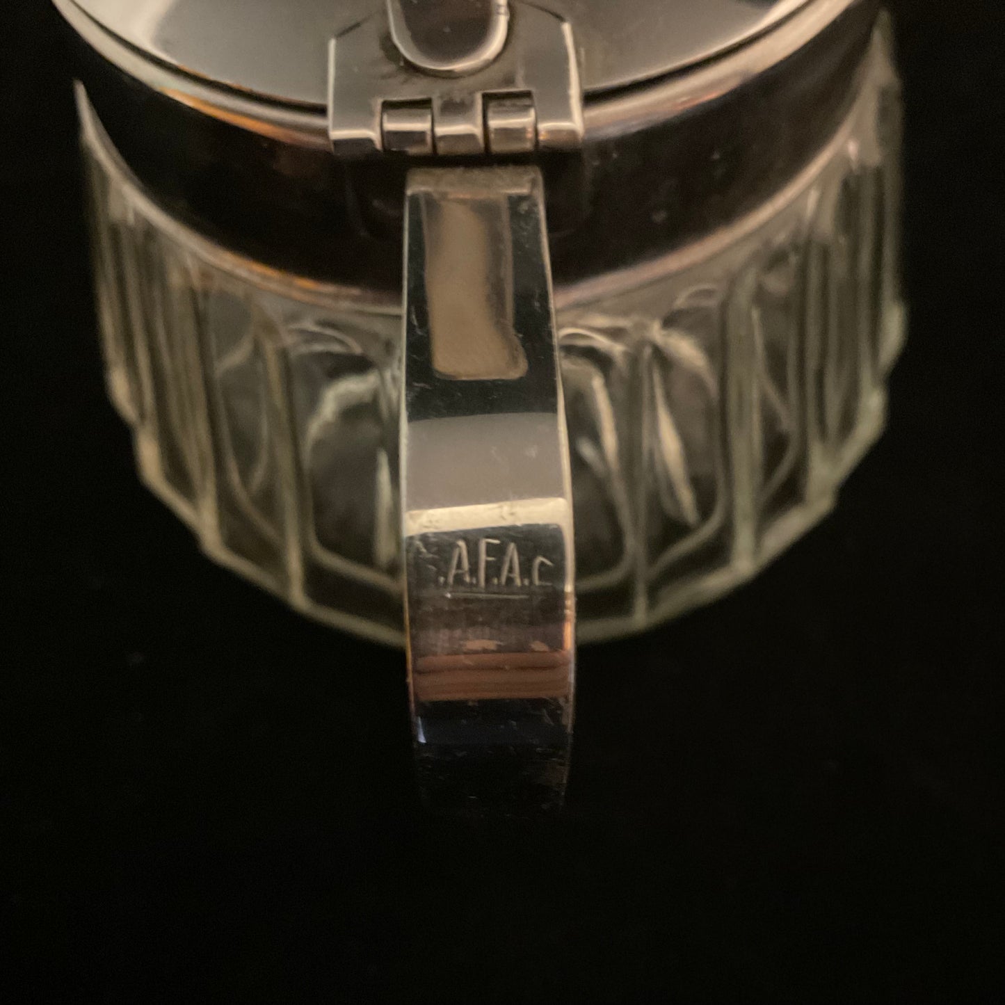 Vintage fransk sennepskrukke / sukkerskål i glas og metal